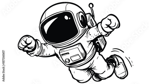 Joyful Cartoon Astronaut Jumping with Outline Vector Illustration