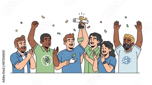 Diverse group of people celebrating with raised arms and confetti in the air happily