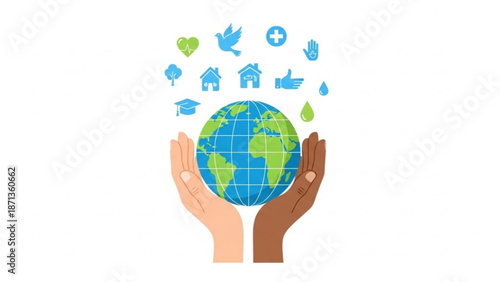 Diverse hands cradling a globe with eco friendly and educational icons floating above