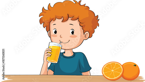 Adorable Cartoon Boy Enjoying Orange Juice - Vector Illustration with Outline Isolation
