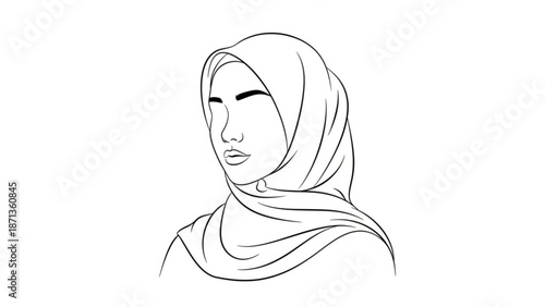 A serene woman wearing a hijab looks to the side in a simple line drawing style on a white background