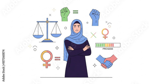 Woman wearing hijab standing confidently with arms crossed surrounded by equality and justice symbols