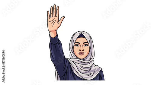 Woman wearing hijab waving with right hand in a friendly greeting gesture on white background