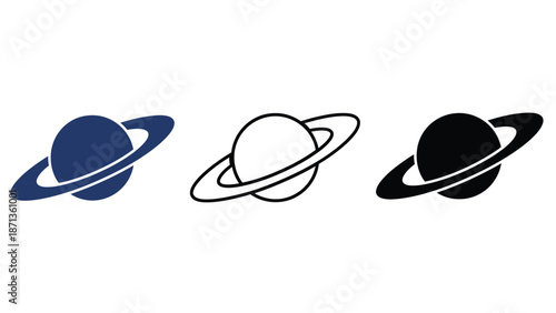Three different colored planet icons with rings on a white background