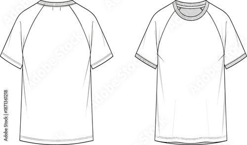 White Raglan Sleeve T-shirt Technical Sketch Vector Illustration Front and Back View Blank Fashion Template for Apparel Design Mockup (20 words)