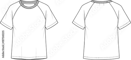 White Raglan Sleeve T-shirt Technical Sketch Vector Illustration Front and Back View Blank Fashion Template for Apparel Design Mockup Drawing (20 words)