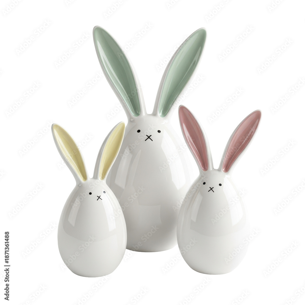 Obraz premium Three ceramic Easter bunny figurines with pastel ears