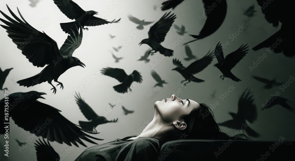 Fototapeta premium Woman surrounded by flock of crows in dark atmosphere