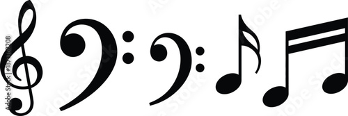 Silhouette vector set of 5 musical notes and symbols treble clef bass clef quarter note eighth note and beam