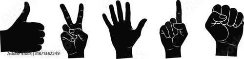 Silhouette vector set of 5 hand gestures thumbs up peace sign wave pointing and fist