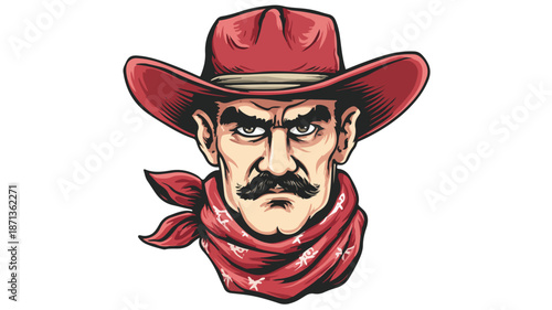 Cartoon Cowboy Head Vector with Outline on White Background