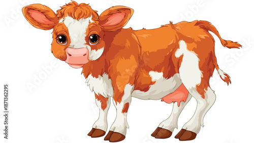 Adorable Baby Cow Cartoon Vector with Outline on White Background