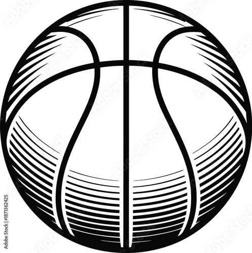 Detailed line art illustration of a standard basketball showing textured panels and stitching lines.