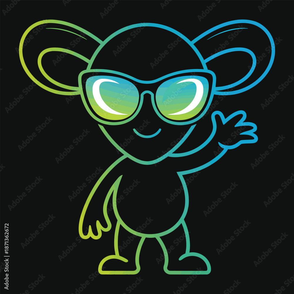 Fototapeta premium Cute Mouse Wearing Sunglasses T-Shirt Design, Neon Gradient Outline Cartoon Character