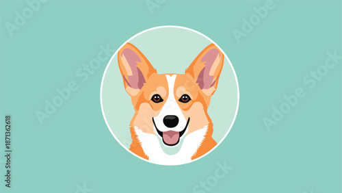 Cute pembroke welsh corgi dog head smiling in a white circular frame over a soft teal background for pet-related logos or branding.