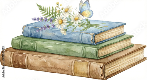 A watercolor vector illustration of a stack of three vintage, worn books with different colored covers