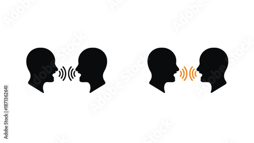 Two pairs of human silhouettes communicating with each other in a simple graphic