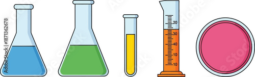 Set of 5 laboratory glassware items flat illustration beaker flask test tube graduated cylinder and petri dish