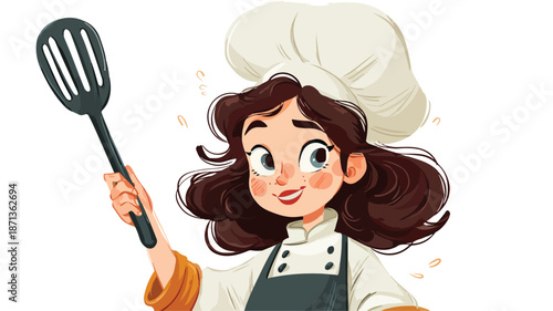 Cute Chef Girl with Spatula Vector Illustration for Design Projects