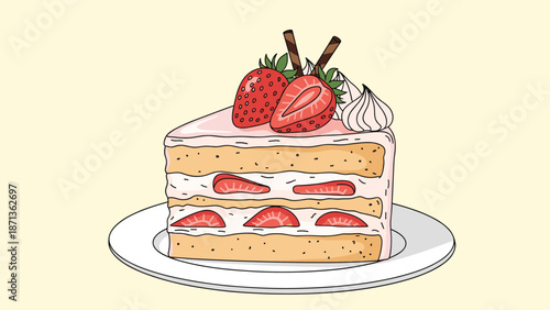 Delicious slice of strawberry layer cake topped with fresh berries and whipped cream served on a white plate over a pale yellow background.