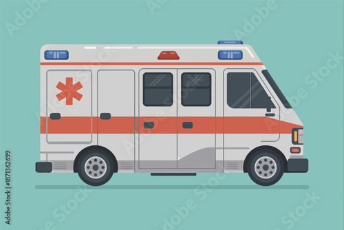 Emergency medical vehicle with red stripe and star of life symbol is depicted in a side profile view.