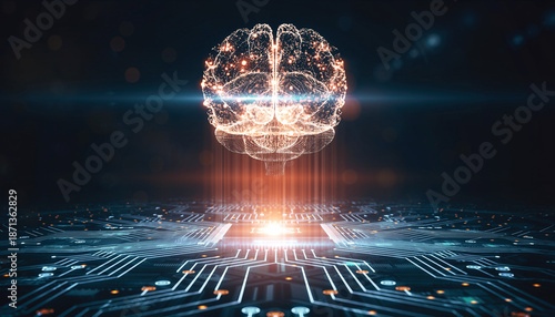 Abstract glowing brain formed by digital particles above a circuit board, representing artificial intelligence, neural networks, and advanced computing technology.
