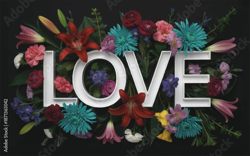 Colorful flowers arranged around the word love on dark background