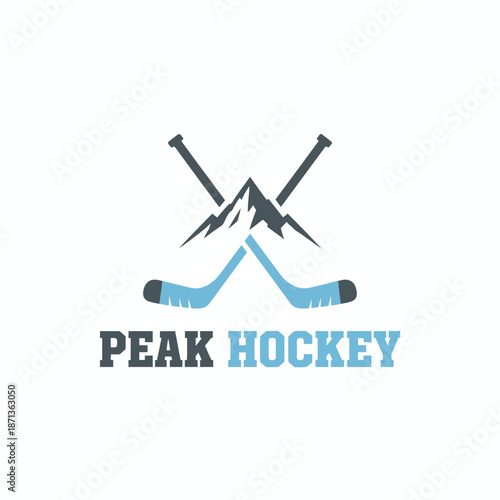 Ice hockey logo featuring crossed sticks over a mountain peak with bold blue text