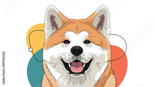 Smiling akita inu dog head portrait with colorful abstract shapes in the background for a modern and cheerful pet-themed illustration.