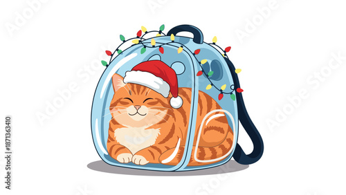 Happy ginger cat wearing a santa hat sleeping inside a transparent pet carrier backpack decorated with colorful christmas lights.