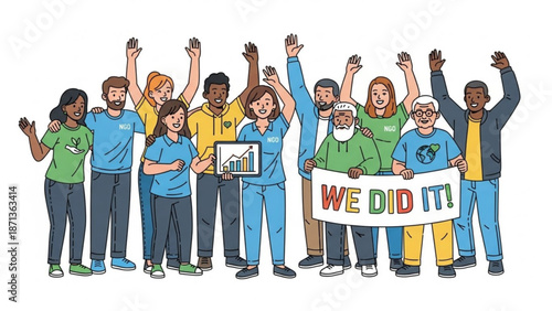 Diverse group of people celebrating success with we did it banner and graph