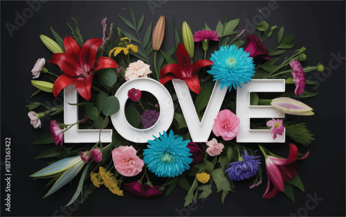 Colorful flowers arranged around love text on dark background