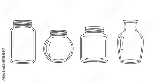 Black and white line art illustration of four empty glass jars and storage bottles in different shapes and sizes.