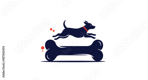 Playful dark blue silhouette of a domestic dog wearing a red collar jumping over a large bone on a white background.