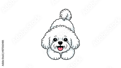 Adorable white fluffy puppy with dark eyes and a pink tongue sitting in a playful front-facing position on a white background.