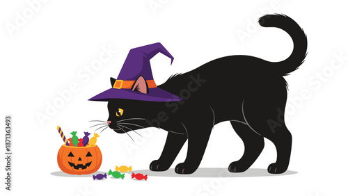 Black cat wearing a purple witch hat looking at a carved pumpkin bucket filled with colorful candies for a spooky halloween celebration.
