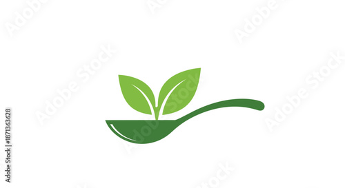 Green leaves sprouting from a dark green spoon represent healthy nutrition and organic plant-based diet concepts for a balanced lifestyle.