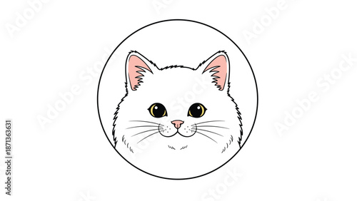 Close-up portrait of a cute white cat head with yellow eyes inside a circular frame on a plain white background for social media.