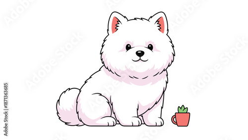 Cute white fluffy dog sitting next to a red cup with a green plant inside on a plain white background for a cozy pet illustration.