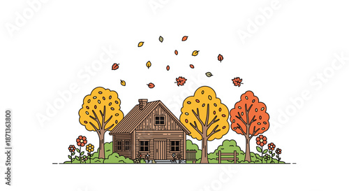 Cozy wooden log cabin in a beautiful fall landscape with colorful autumn trees and swirling leaves in the air.