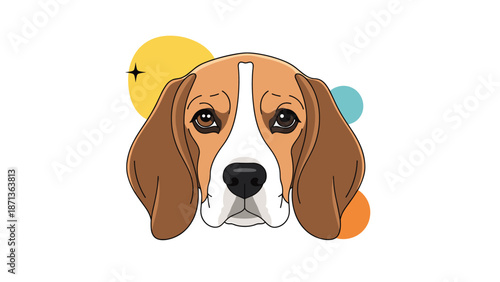 Expressive beagle dog face illustration with large floppy ears positioned against decorative colorful circles on white background.