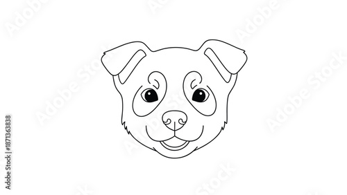 Minimalist line drawing of cute puppy face showing large eyes and friendly expression for coloring or children designs on white.