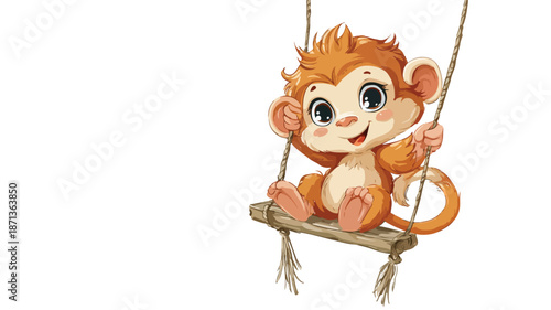 Playful Cartoon Monkey Swinging on a Swing Vector Illustration with Outline Isolated on White Background