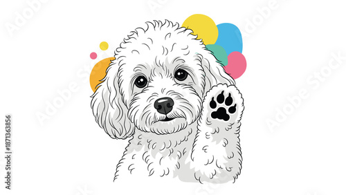 Fluffy white dog illustration waving its paw with dark pads against vibrant background of colorful circles on white.