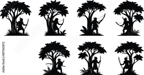 Silhouette tribal hunters under trees, black vector illustration, traditional hunting scene, bow and spear poses, cultural nature concept art