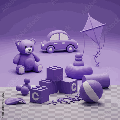 Monochromatic purple children's toy illustration featuring a teddy bear toy car kite building blocks and ball perfect for playroom decor and childhood themed designs
