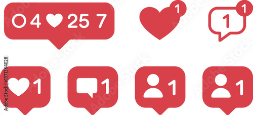 Social media likes and comments vector icon set featuring interaction symbols, follower indicators, notification alerts, and button icons for digital marketing, web design, mobile apps, and online com