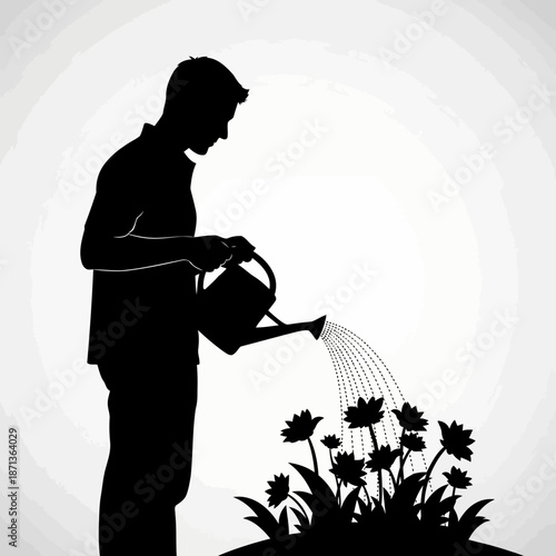 Silhouette illustration of a man watering flowers in a garden with a watering can depicting gardening landscaping and nurturing plants in a minimalist style