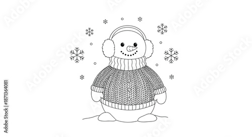 Cute black and white line art illustration of a winter snowman wearing a cozy knitted sweater and warm earmuffs.