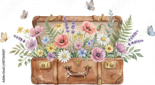 A watercolor vector illustration of an old, open vintage suitcase